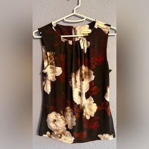 Calvin Klein Black Floral Sleeveless Blouse with Cream & Burgundy Flowers